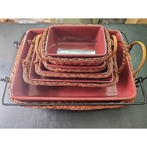 New Temptations RED Stone Casserole Bakeware Dish Set w/Handled Baskets